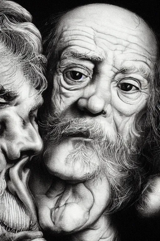 Prompt: hyperrealism close-up portrait of an ugly old man and beautiful madonna, with cigar, cockroaches coming out of his nose and ears and eyes in style of Francisco Goya