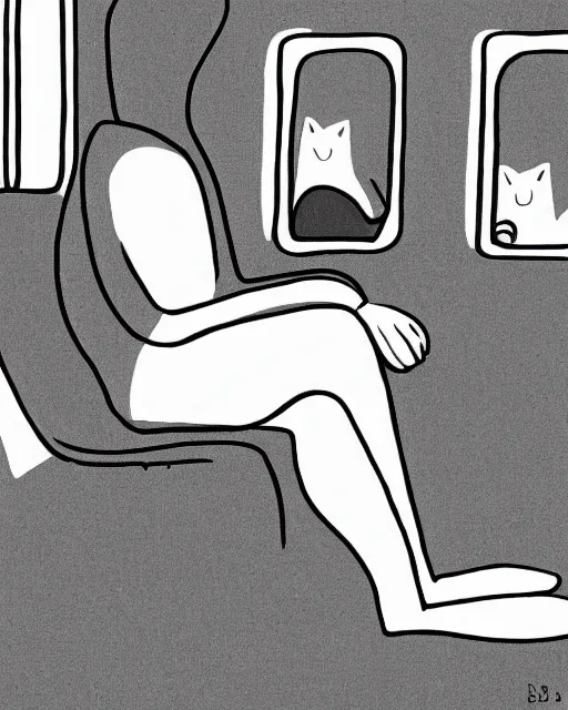 Image similar to a cat seated on the subway, sitting with legs crossed, cross-legged. Minimalist with a White background. New Yorker cartoon. B&W. Black and white.