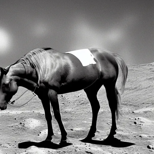 Prompt: retro photograph of a horse on moon drinking alcohol