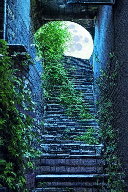 Image similar to small overgrown urban garden at twilight in Montreal backalley, brick wall, metal spiral staircase, overcast sky, moonlight, volumetric lighting, cell-shading, blue and black color scheme, digital art