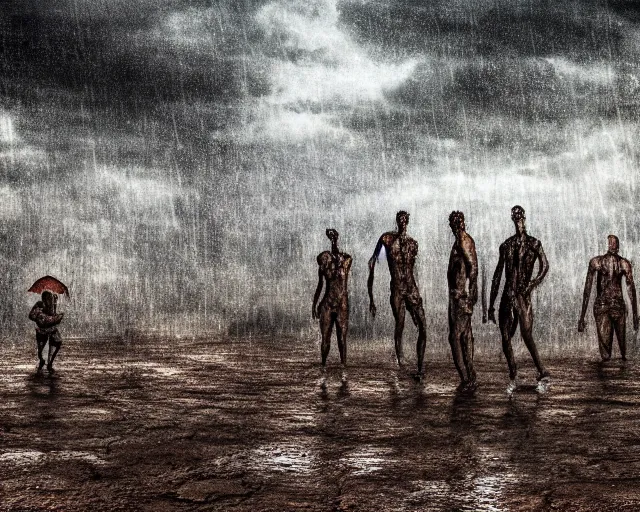 Prompt: gods of mud and clay emerge during a midnight rainstorm. realistic style, motion blur, ominous, disturbing.