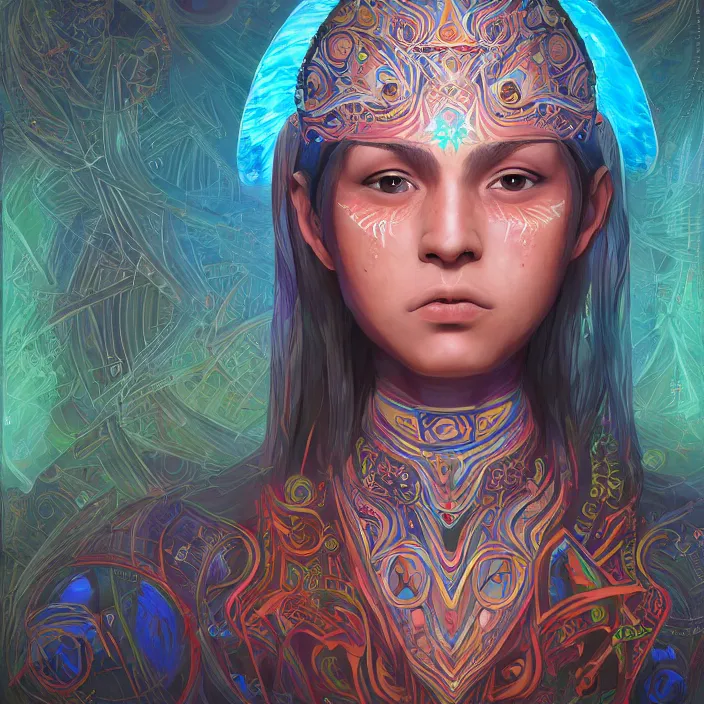 Image similar to portrait of a future metaverse ayahuasca tech shaman warrior, 2 d cartoon, visionary art, symmetric, magick symbols, holy halo, shipibo patterns, sci - fi, concept art, trending on art station, 8 k digital art, by mandy jurgens, fantasy portrait art, anime