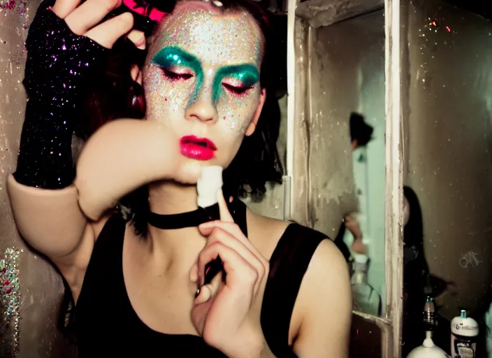 Image similar to cinestill 5 0 d candid photographic portrait by quentin tarantino of a beautiful feminine man wearing black techwear and glitter makeup looking in a broken bathroom mirror, cramped new york apartment, full shot, retrofuturism cyberpunk cinematic, 8 k, hd, high resolution, 3 5 mm, f / 3 2, ultra realistic faces, clockwork orange