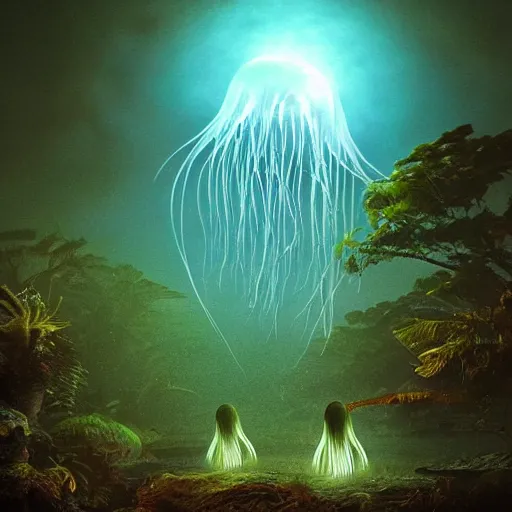 Prompt: floating luminescent jellyfish in an alien nocturnal jungle, matte painting, landscape, mysterious