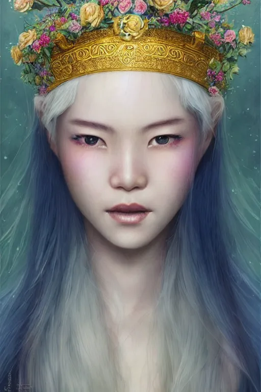 Image similar to a pale Chinese girl with white hair, floral crown, sad blue eyes, cinematic lighting, ultra detailed, highly detailed, sharp focus, golden background with flowers, golden jewellery with blue sapphires, photographic, art by artgerm and greg rutkowski and zdislav beksinski