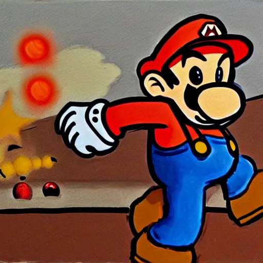 Image similar to A detailed, dramatic painting of super mario shooting a goomba with a machine gun