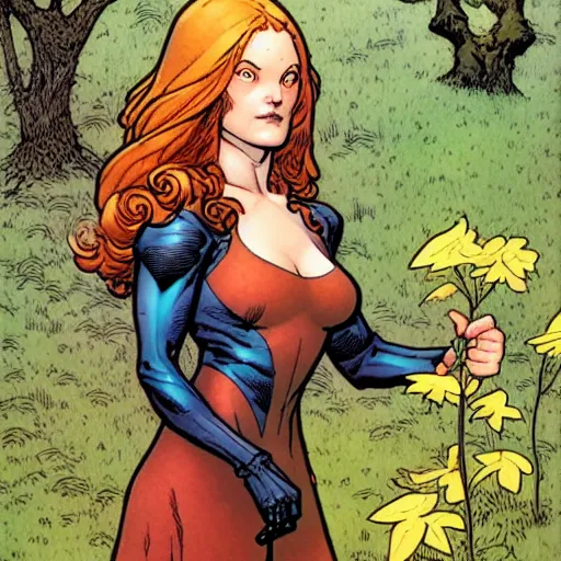 Prompt: A cute little Jean Grey by xmen collecting flowers in the forest. Absurdly-detailed fantasy character illustration by Rebecca Guay and Wayne Reynolds