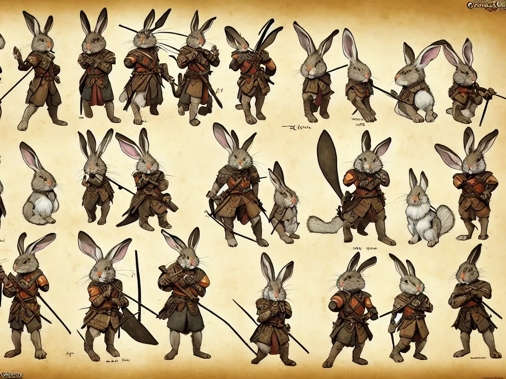 Image similar to character design sheet for a group of heroic rabbit archers on a parchment background, redwall, greg rutowski and jean baptiste monge, very very detailed, epic fantasy concept art