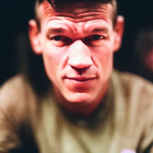 Image similar to A close-up of John face, captured in low light with a soft focus. There is a gentle green hue to the image, and the John cena’s features are lightly blurred. Cinestill 800t