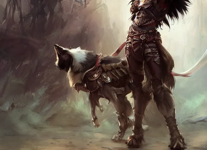 Prompt: wide angle beautiful full body portrait of a cute male anthropomorphic anthro border collie fursona wearing a warrior outfit in wal - mart, character design by charlie bowater, henry asencio, and ross tran, disney, scenic background, detailed, glamor pose, aesthetic, trending on artstation, furaffinity, deviantart