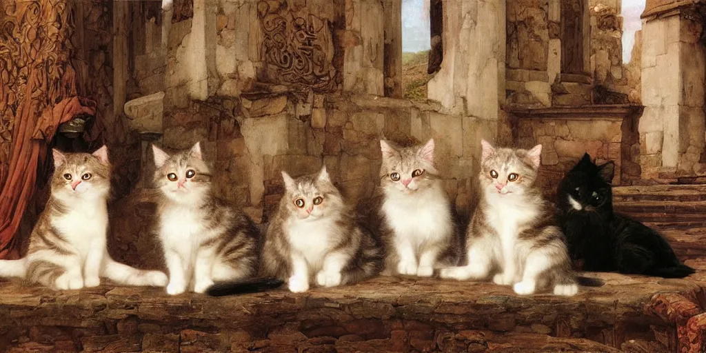 Prompt: 3 d precious moments plush cat, sitting in a castle, realistic fur, master painter and art style of john william waterhouse and caspar david friedrich and philipp otto runge