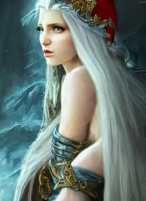 Prompt: Elf queen with long white hair, fantasy, medieval, vivid colors, fantasy, elegant, concept art, sharp focus, beautiful face!!, digital art, Hyper-realistic, 4K, Unreal Engine, Highly Detailed, HD, Dramatic Lighting by Brom, trending on Artstation