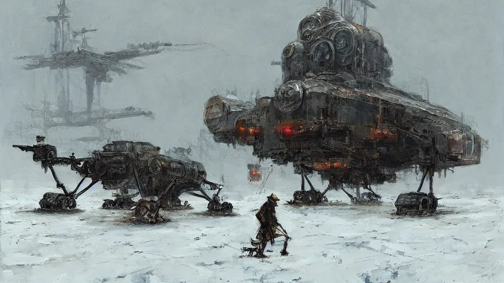 Prompt: 1920's broken down bipedal walker mech in the snowy tundra, oil drill in the distance, steampunk airship above, painted by Jakub Rozalski