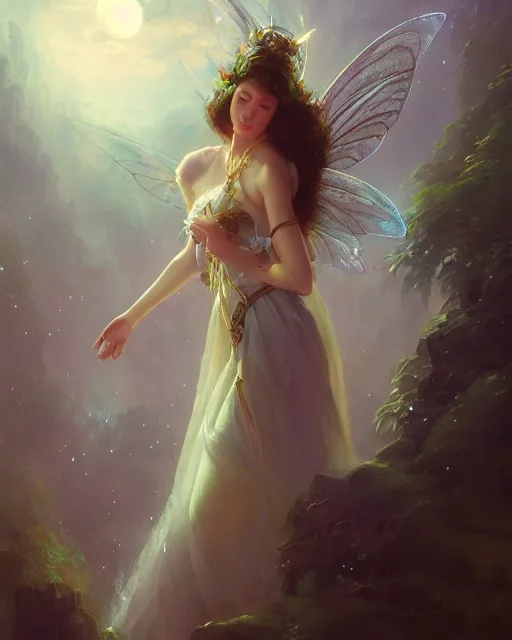 Image similar to a portrait of beautiful fairy goddness fly high in the night, d & d, fantasy, mist, full moon in background, trees, hyper detailed,, midium shot, an oil painting by ruan jia, trending on artstation, concept art, sharp focus, illustration, gaston bussiere, craig mullins, j. c. leyendecker, beautiful lighting