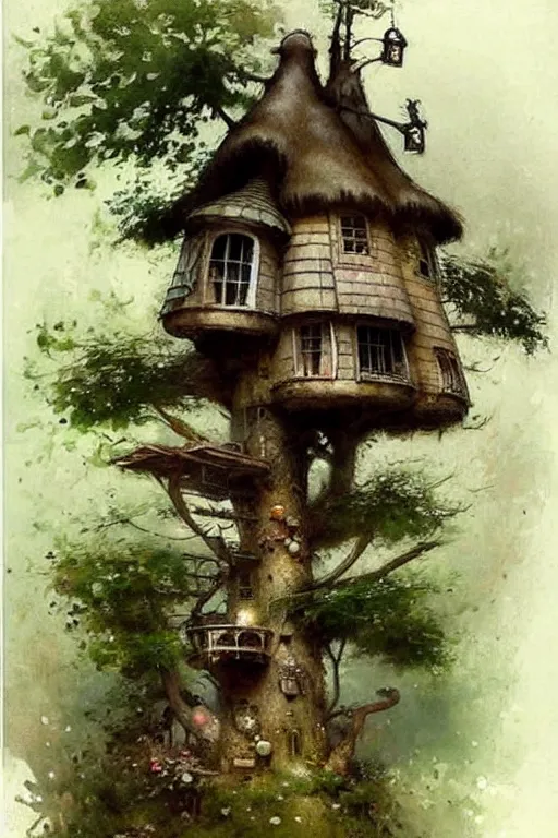 Image similar to (((((1950s fairy tale cottage tree house . muted colors.))))) by Jean-Baptiste Monge !!!!!!!!!!!!!!!!!!!!!!!!!!!