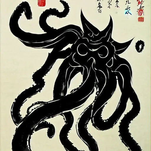 Image similar to cthulhu by qi baishi, chinese traditional painting