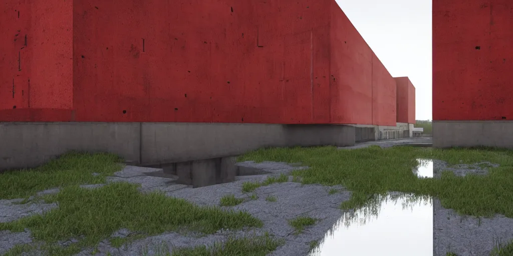 Image similar to brutalist red concrete architecture by Le Corbusier, abandoned red buildings, empty streetscapes, surrounded by lush green vegetation, ground-level view, puddles of water, stunning volumetric lighting, sunset, trending on Artstation, 8k, photorealistic, hyper detailed, unreal engine 5, cinematic, epic lighting, cryengine, octane render, cyberpunk, red and orange glow, dark, gloomy