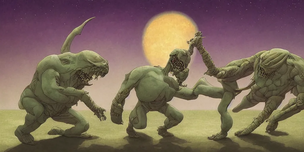 Prompt: digital painting of an extraterrestrial monster doing mixed martial, by michael whelan and john harris, highly detailed, intricate, studio ghibli color scheme