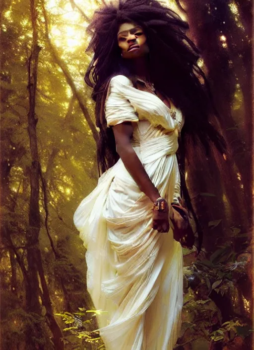 Prompt: a beautiful young black woman with long flowing hair in a flowing white gown in the forest, highly detailed painting by gaston bussiere, craig mullins, j. c. leyendecker 8 k