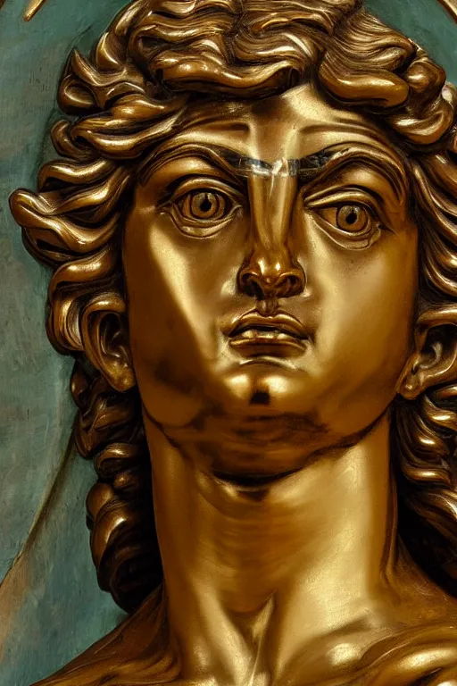 Image similar to archangel Michael, face, closeup, ultra detailed, bronze, Guido Reni style