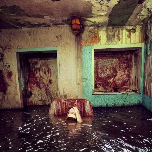 Prompt: The experimental art shows a grave that has been flooded with water. The grave is located in a cemetery in Italy. The water in the grave is dirty and there is trash floating in it. The grave is surrounded by a fence. 60s kitsch and psychedelia, Subway by Elizabeth Gadd sad, rich details