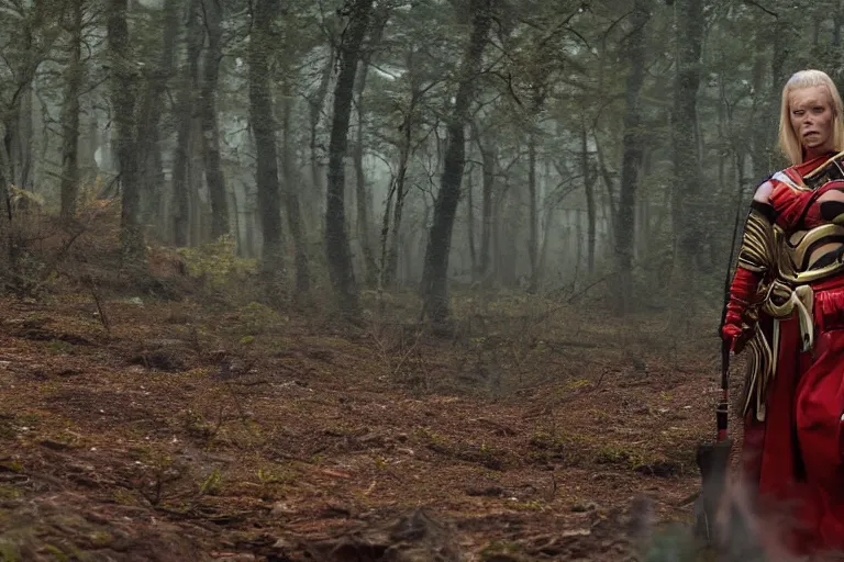 Image similar to vfx movie scene closeup nomad cyborg warrior viking geisha in a smoldering forest. by emmanuel lubezki