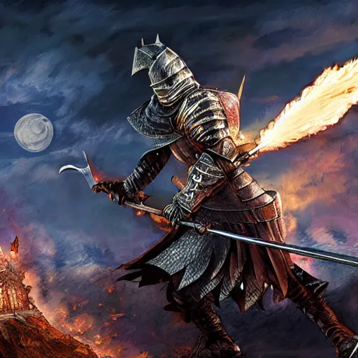 Image similar to A knight from Dark Souls, fighting a fire breathing PopTart, on top of a castle, under a full moon