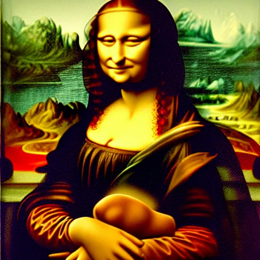 Prompt: Mona Lisa eating fried chicken, a painting by Leonardo da Vinci