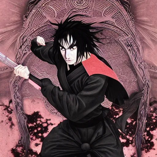 Image similar to demon martial artist, handsome japanese demon boy, young adult yokai with long spiky black hair, vampire, vantablack gi, simple clothes, ultra realistic, intricate details, highly detailed, subsurface scattering, photorealistic, octane render, 8 k, art by artgerm, greg rutkowski, magali villeneuve, alphonse mucha