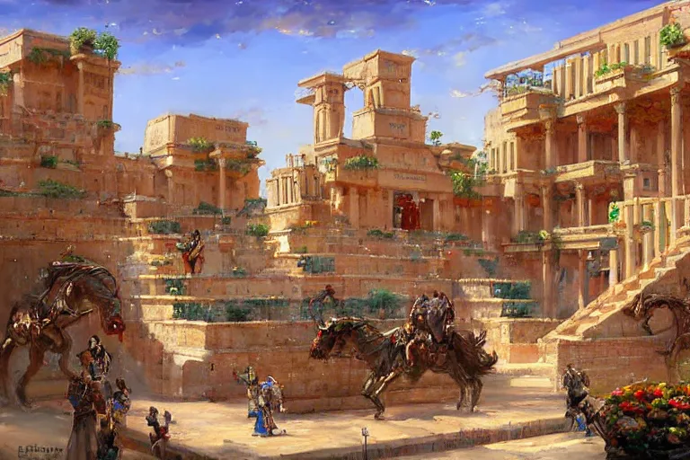 Prompt: ancient city of Babylon, hanging gardens of babylon. Robot mechas roaming the streers of ancient babylon. By Konstantin Razumov, highly detailed