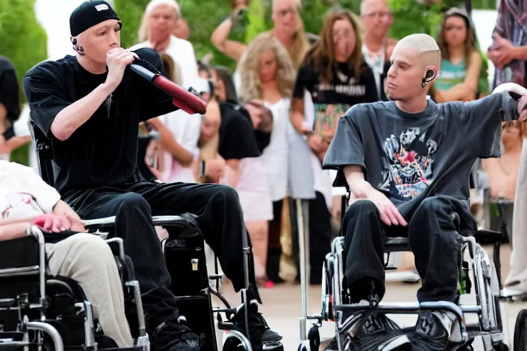 Prompt: eminem perfoming at elderly home before a crowd in wheelchairs