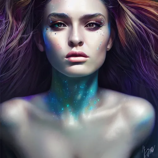 Prompt: electric woman, cute - fine - face, pretty face, oil slick hair, realistic shaded perfect face, extremely fine details, realistic shaded lighting, dynamic background, artgerm, 8 k ultra realistic, highly detailed, sophie anderson