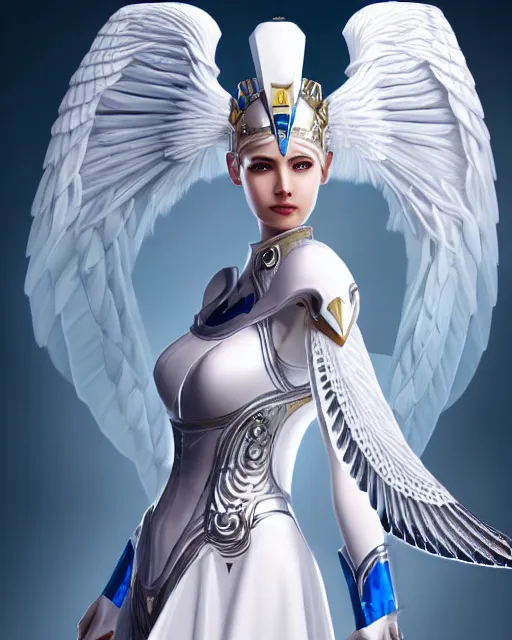 Image similar to perfect ornate white haired attractive egyptian goddess with huge white dove wings, warframe armor, beautiful, symmetric, dreamy, half asian, pretty face, blue eyes, detailed, scifi platform, laboratory, experiment, 4 k, ultra realistic, epic lighting, android body, illuminated, cinematic, masterpiece, art by akihito tsukushi, voidstar