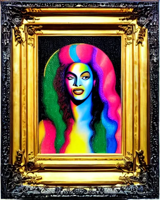 Prompt: portrait of beyonce by lisa frank, rene magritte, h. r. giger, and salvador dali