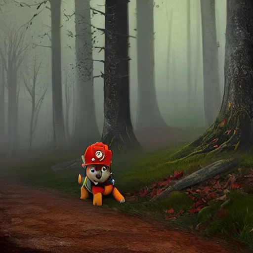 Prompt: paw patrol in the woods, painterly, photorealistic, midnight, eerie lighting, foggy, red lighting, shadows