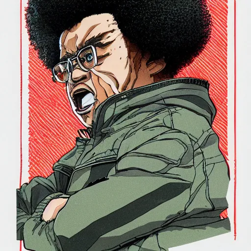 Image similar to illustration by katsuhiro otomo, black man with afro hair, stubble, wearing an adidas army green jacket, in the streets of tokyo, akira style, by katsuhiro otomo