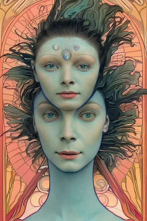 Prompt: beautiful portrait of a blue alien woman with 4 insect eyes, wearing an outfit made from plutonium, silicone skin, symmetrical face, by alphonso mucha, ear piercings resembling plasma jets, the 5 th element, cinematrographic, hyperrealism elegant, soft shapes, sharp details, 3 5 mm, f / 2 4, masterpiece