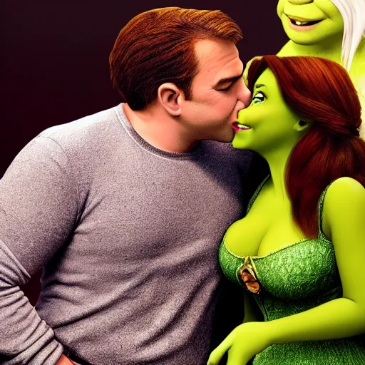 Image similar to shrek kissing jenifer lopez, realistic