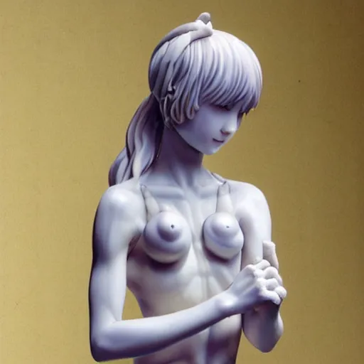 Prompt: renaissance marble statue of kawaii rei ayanami kneeling relaxed