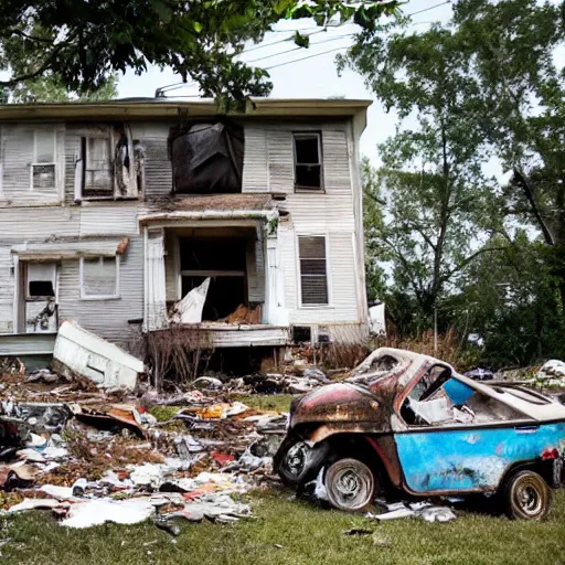 Prompt: a run down house with stacks of trash 1 0 feet high in front of the house. run down house is in a suburban neighborhood in america. broken and rusted golf cart in street in front of house