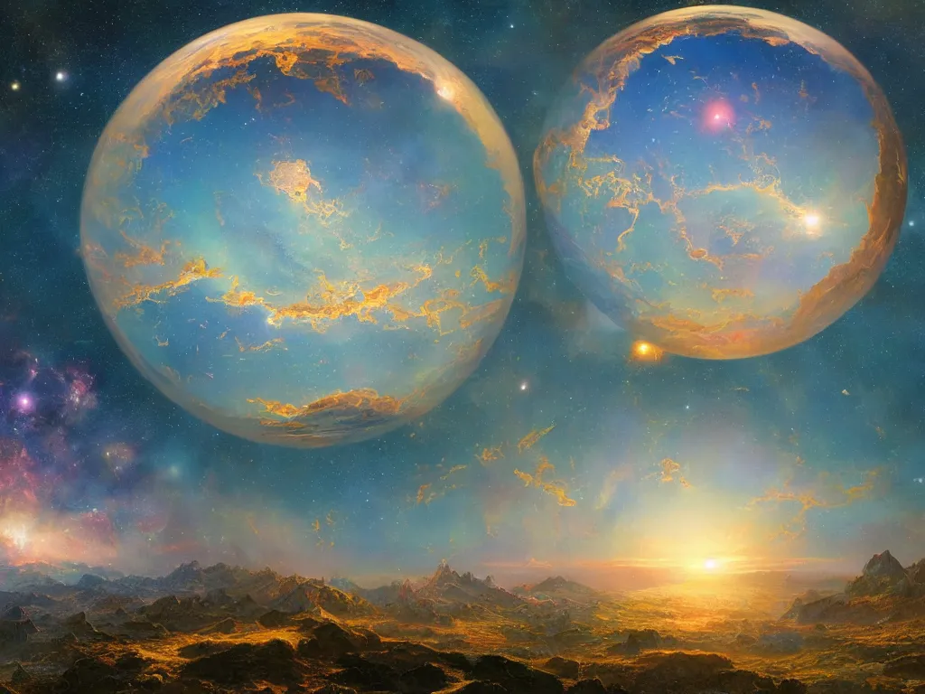 Image similar to The universe is a spheroid region 705 meters in diameter, 3d render, Sunlight Study, by Frederic Edwin Church!!! and ((((Lisa Frank)))), Art Nouveau, 8k, extreme detail, sharp focus, octane render