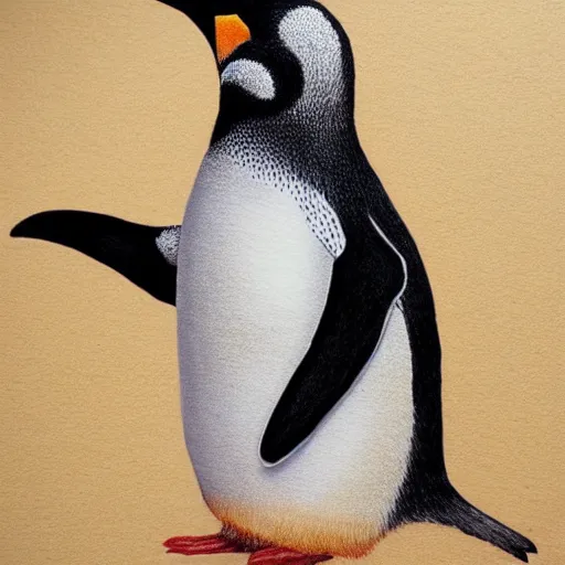 Image similar to Intricate five star Penguin Drawing by Anna Kullberg, Colored pencil on paper, high detail, skin texture, photo realistic, hyperrealism,matte finish, high contrast, 3d depth, masterpiece, vivid colors, artstationhd