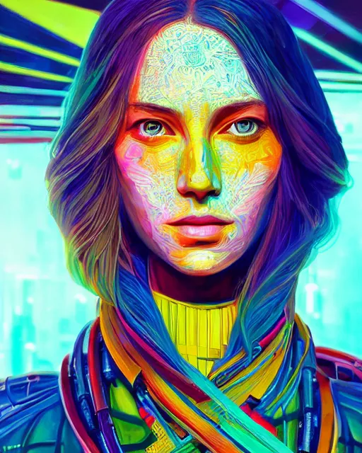 Image similar to colorful portrait of a female hippie with cybernetics, but set in the future 2 1 5 0 | highly detailed | very intricate | symmetrical | professional model | cinematic lighting | award - winning | painted by mandy jurgens | pan futurism, dystopian, bold psychedelic colors, cyberpunk, anime aesthestic | featured on artstation