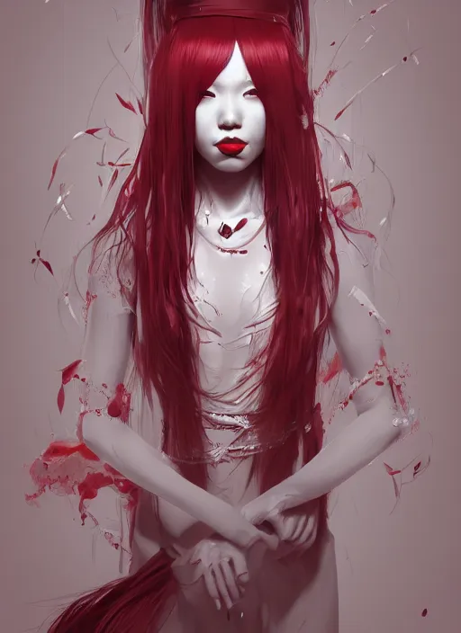 Image similar to albino maiko with very long fantasy hair, fluent composition, red and white neon, concept art, ambient light, 4 k, intricate details, highly professionally detailed, cgsociety, highly detailed -