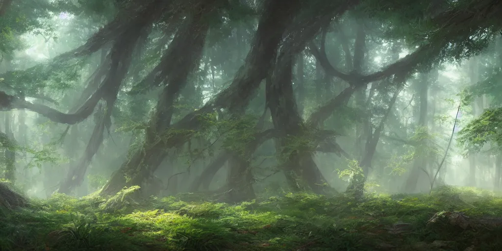 Prompt: a forest, highly detailed oil painting, hyperrealism, ideal lighting, Studio Ghibli, Jessica Rossier, digital art, octane render, beautiful composition, trending on artstation, masterpiece