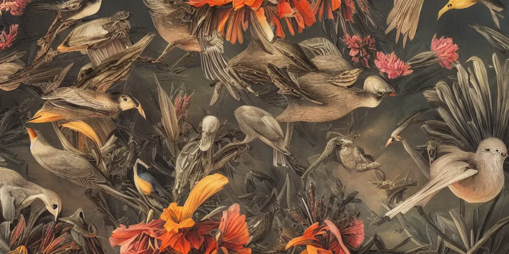 Prompt: breathtaking detailed concept art painting art deco pattern of birds amalmation blend of flowers and birds, by john james audubon, bizarre compositions, exquisite detail, extremely moody lighting, 8 k