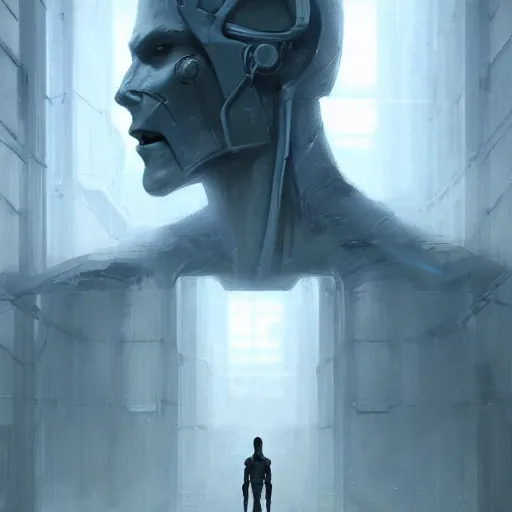 Image similar to concept art by greg rutkowski, a very tall and slender cyborg, standing in front of a large rectangular looking space, high tech and futuristic white walled environment, unnatural lighting, uncanny atmosphere, frightening and creepy atmosphere, scifi, highly detailed portrait, digital painting, artstation, concept art, smooth, sharp foccus ilustration, artstation hq