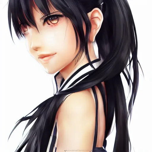 Image similar to luxury advertisement, astonishing portrait of a very beautiful anime high-school girl with black hair ponytail, white ribbon, full perfect face, realistic, highly detailed background, artstation, 120 degree view, drawn by Sasoura, Satchely and Akihiko Yoshida, no distortion