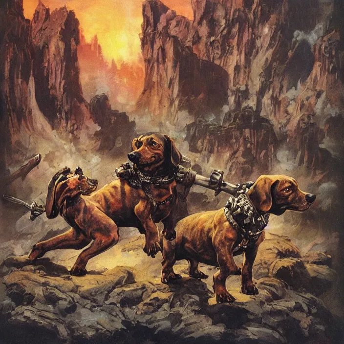 Prompt: rugged barbarian dachshund : : background is a fantasy landscape with towers : : painted by frank frazetta