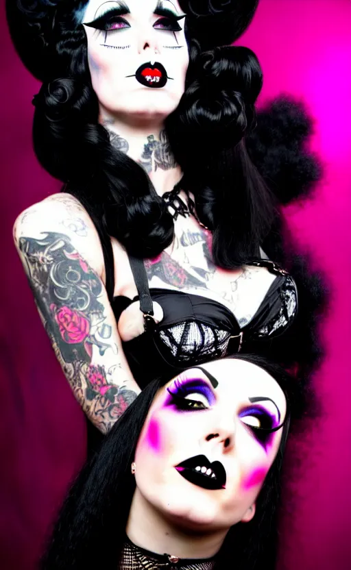 Prompt: looking up at a goth girl with a detailed face and black hair, burlesque psychobilly, rockabilly, punk,
